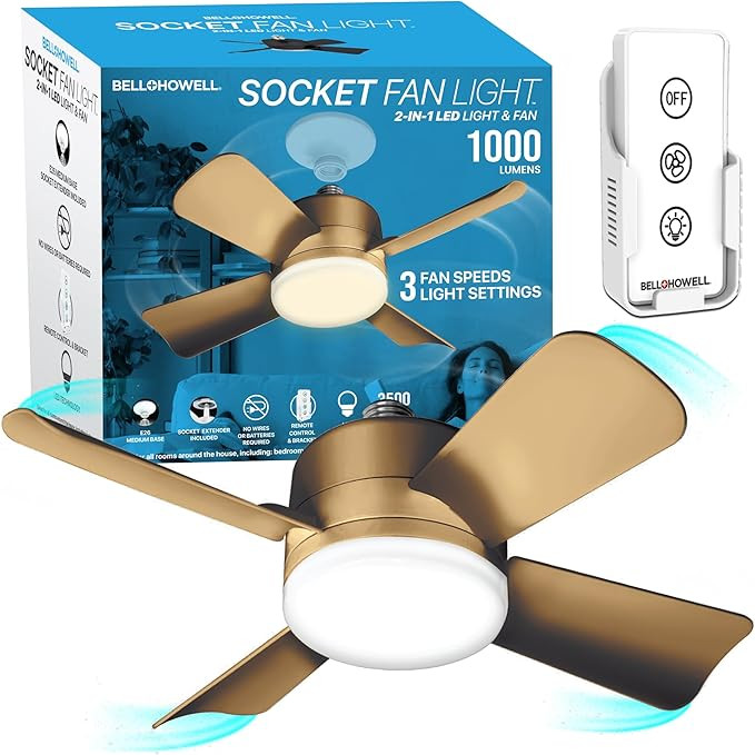 Socket Fan Light Original – Warm Light Ceiling Fans with Lights and Remote, Ceiling Fan with Li... | Amazon (US)