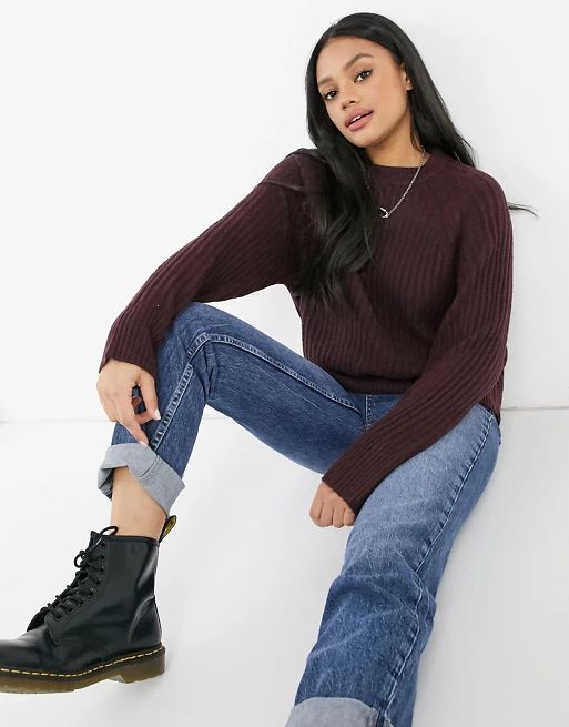 Pull&Bear soft touch crew neck sweater in burgundy | ASOS (Global)