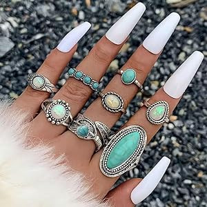 8 Pcs Bohemian Joint Knuckle Rings Set for Women,Vintage Oval Turquoise Finger Ring Opal Gemstone... | Amazon (US)