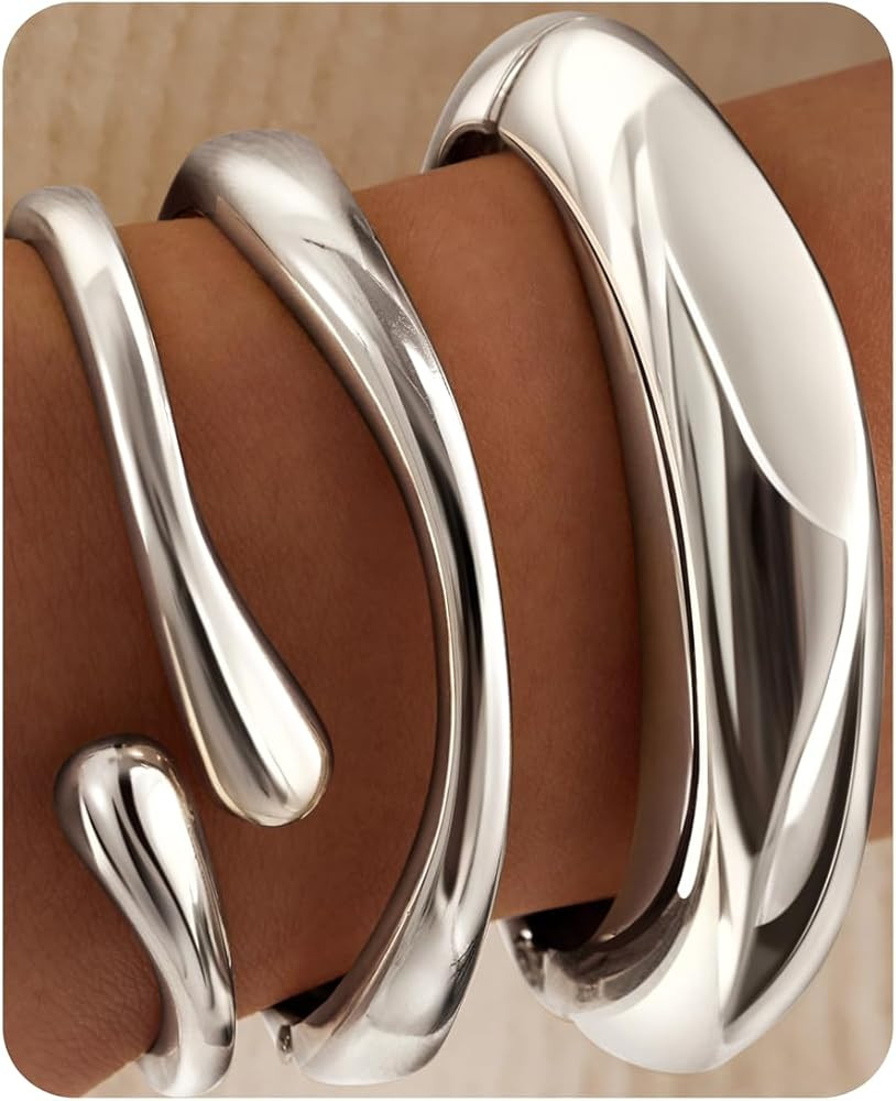 Chunky Gold Bangle Bracelets for Women, 14K Gold Plated Big Stackable Cuff Bracelet Set, Dainty T... | Amazon (US)