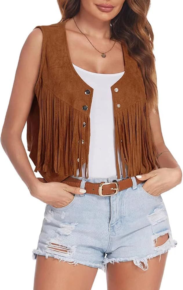 Freebily Womens Fringe Top Vest Open Front Cowgirl Outfits Tassels Waistcoat Solid Color Sleevele... | Amazon (UK)