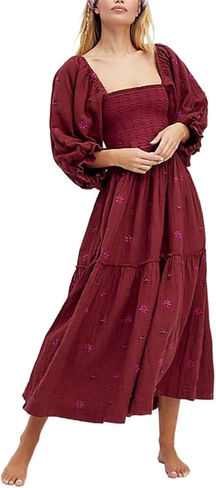 Women Bohemian Embroidered Floral Dress 2024 Casual Puff Long Sleeve Maxi Dresses Boho Flowy Ruff... | Amazon (US)