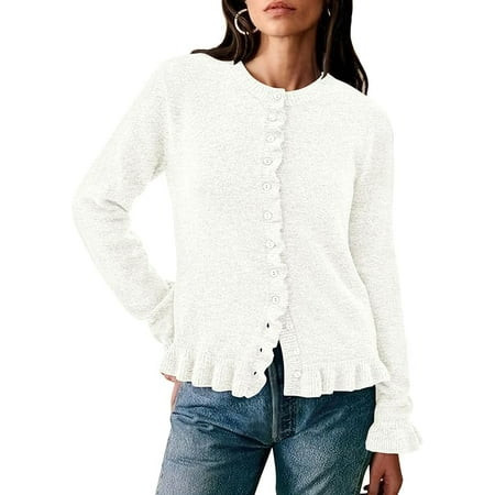 PRETTYGARDEN Womens Fall Button Down Cardigans Chunky Knit Ruffle Open Front Cropped Cardigan Sweaters Soft Long Sleeve Tops | Walmart (US)