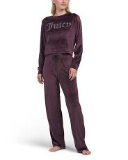 2pc Velour Crew Neck Lounge Top And Pants Set With Rhinestone Details | TJ Maxx