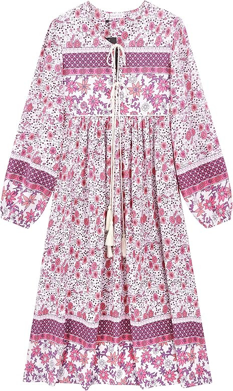 R.Vivimos Women's Long Sleeve Floral Print Retro V Neck Tassel Bohemian Midi Dresses | Amazon (US)