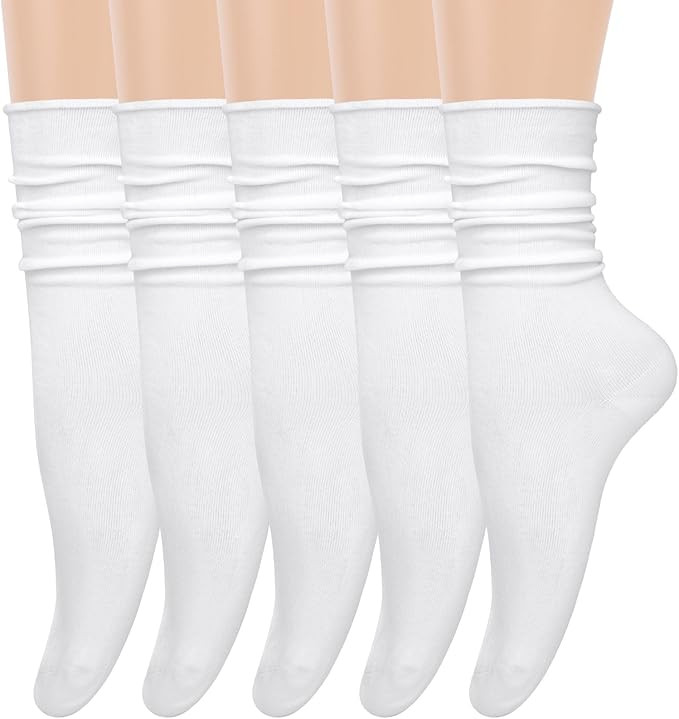 5 Pairs Slouchy Socks for Women, Crew Cotton Socks with Cute Roll Top Casual Calf Long Sock | Amazon (US)