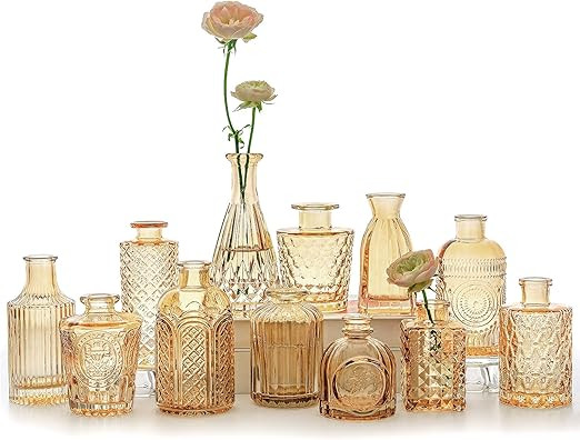 12pcs Glass Bud Vase Set, Small Gold Amber Flower Vases for Centerpieces in Bulk, Mini Vintage Va... | Amazon (US)