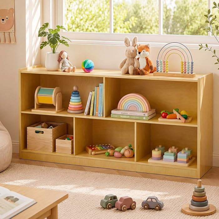 Montessori Shelf, Wooden Toy Storage Organizer with 2-Tier Shelf & 5-Section Storage Cabinet, Kid... | Amazon (US)