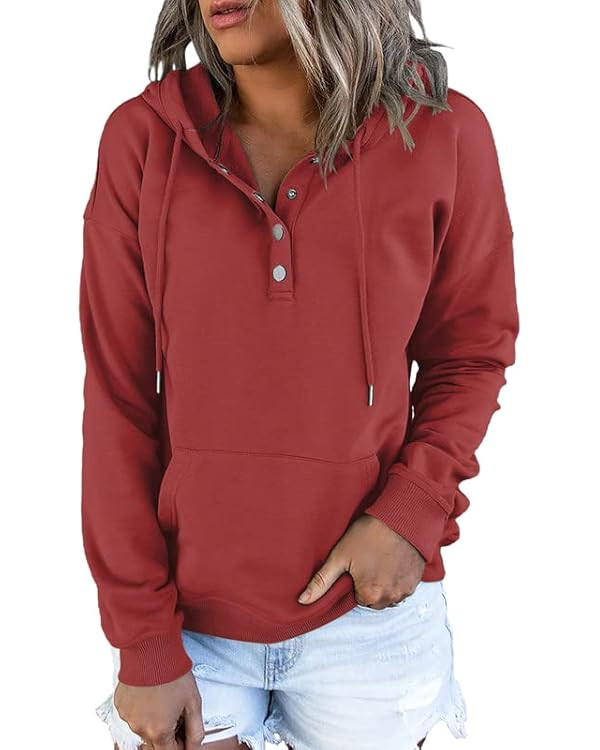 Dokotoo Womens 2025 Hoodies Button Collar Drawstring Hooded Pullover Sweatshirt Casual Long Sleev... | Amazon (US)