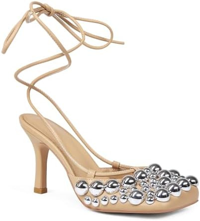 Saint Leia Women's 4IN High Heel Sandals Nude Stiletto Pumps with Gold Silver Pearls Heels for We... | Amazon (US)