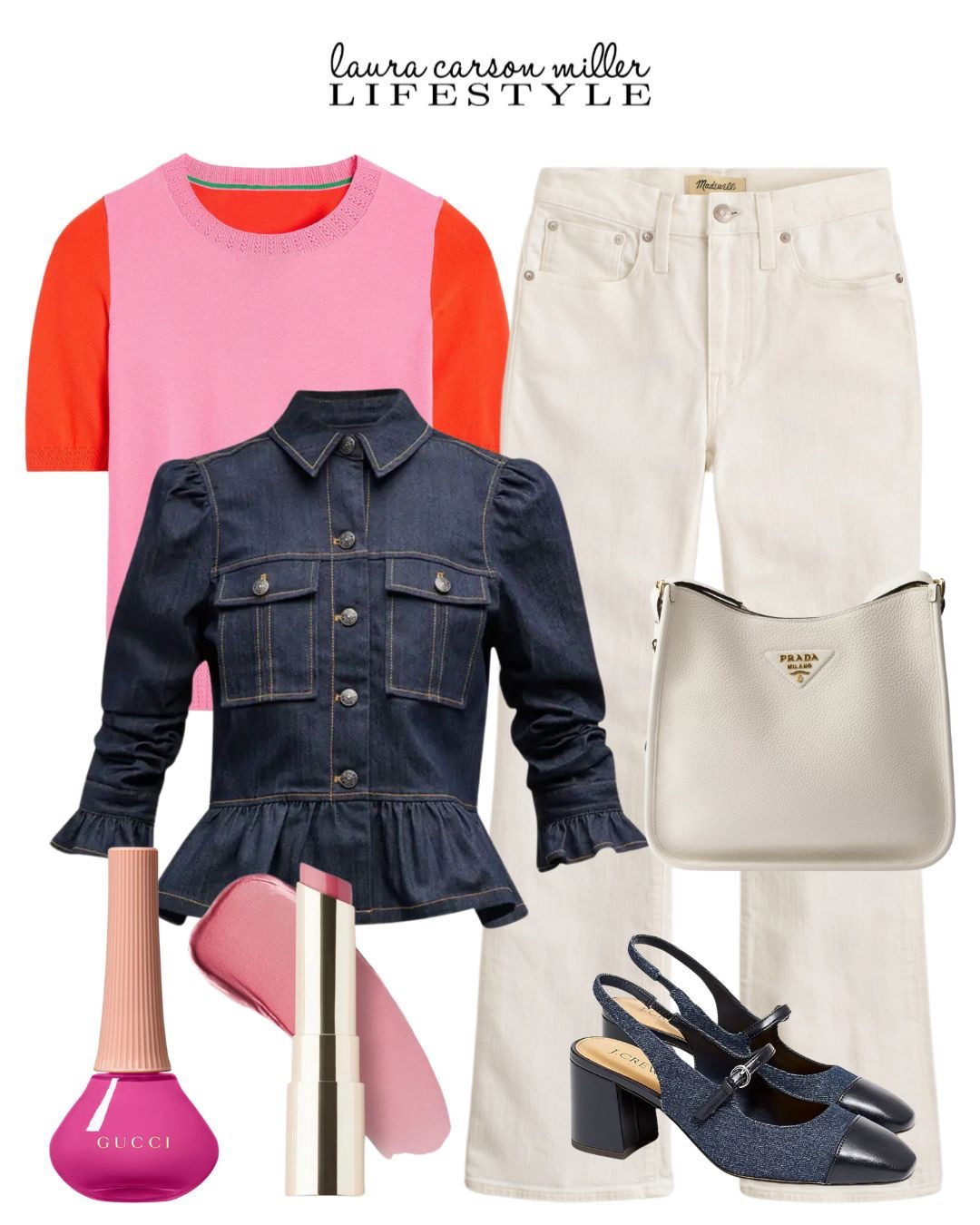 A great pair of cream color jeans is a must have. Add a colorful sweater and super chic denim jacket.  High - low bag and shoes and pink makeup shades complement your outfit! 
Laura carson miller, pink nails, pink lips, Prada, jeans, orange, denim shoes, slingbacks, summer nailss

#LTKItBag #LTKFindsUnder100 #LTKBeauty