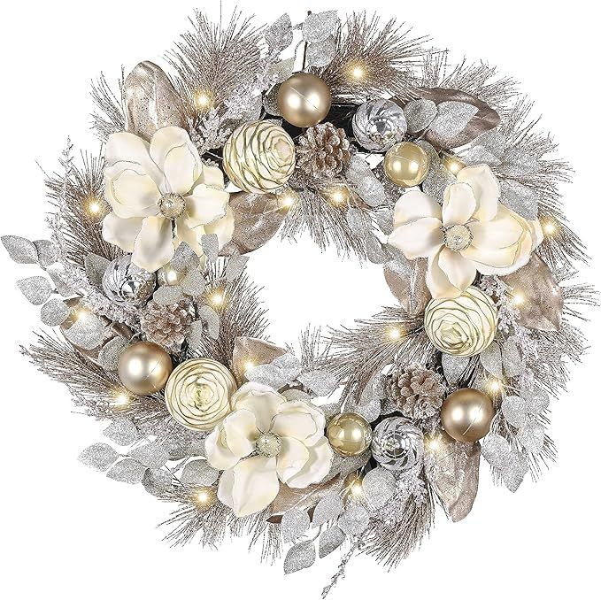 Valery Madelyn Pre-Lit 24 inch Elegant Champagne Gold Lighted Christmas Wreath for Front Door wit... | Amazon (US)