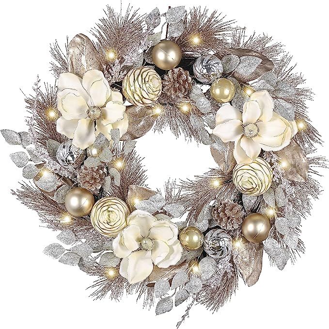 Valery Madelyn Pre-Lit 24 inch Elegant Champagne Gold Lighted Christmas Wreath for Front Door wit... | Amazon (US)