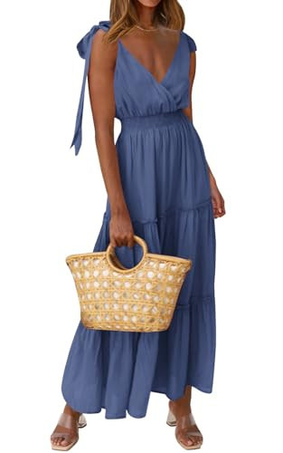 PRETTYGARDEN Women's Cross Neck Summer Sleeveless Tiered Maxi Dress Beach Tie Strap Smocked Long Dresses Pleated Sundress (Dark Blue,X-Large) | Amazon (US)