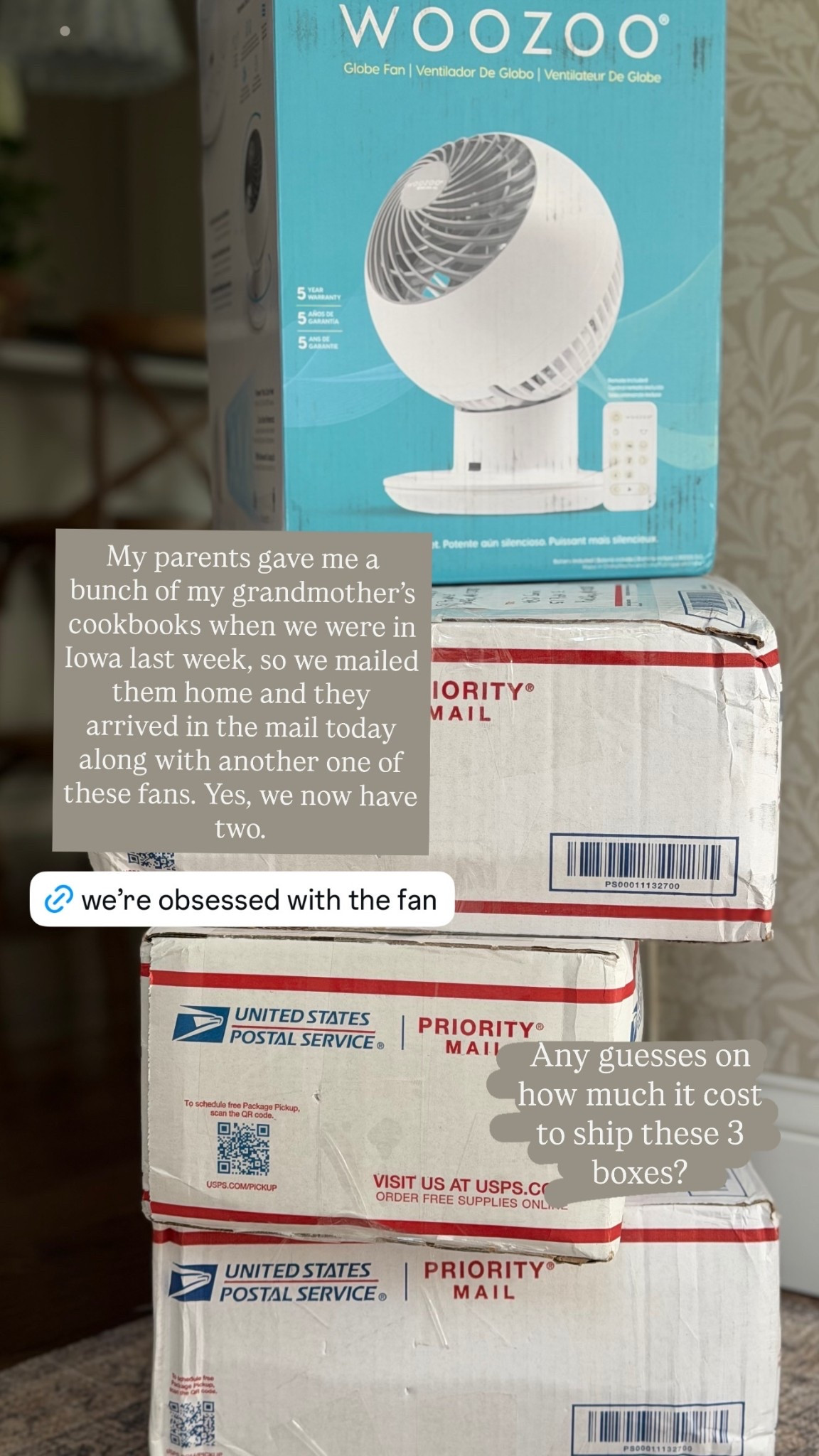 My parents gave me a bunch of my grandmother’s cookbooks when we were in Iowa last week, so we mailed them home and they arrived in the mail today along with another one of these fans. Yes, we now have two. Any guesses on how much it cost to ship these 3 boxes?