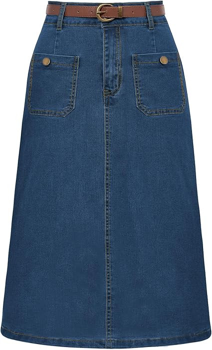 Belle Poque Denim Skirt with Belt Below Knee Length High Waisted Jean Skirts for Women | Amazon (US)