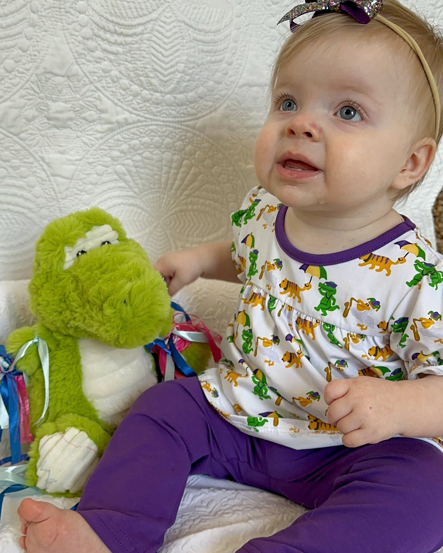 Addison’s #ootd • We went on down to the Mardi Gras, and they all asked for YOU! Shopped local for this outfit at @the_little_farmer_boutique and the plush gator has a special meaning to us. When I was pregnant, @jarodfloyd visited @ouachitachristianschool and talked to the students about weather and Baby Floyd. They gifted us this precious gator with blue and pink ribbons guessing the gender. Once Addison arrived and they found out she was in the NICU they wrote the sweetest cards that made us laugh and cry. Forever grateful for the village we have supporting us in so many ways! 🐊 🐅 ⚜️

#LTKKids #LTKBaby