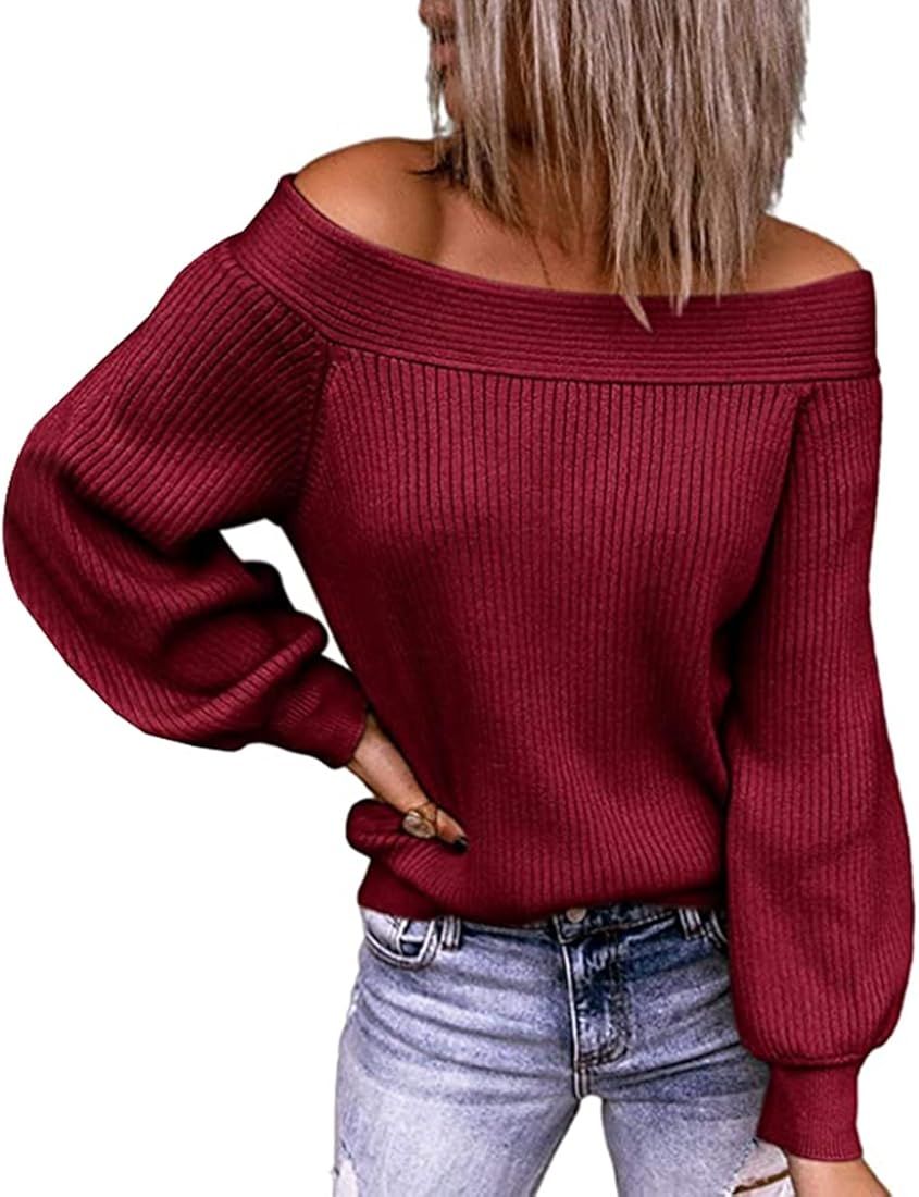 KIRUNDO 2022 Fall Winter Women's Off Shoulder Sweater Batwing Long Sleeve Loose Knit Sweaters Pullov | Amazon (US)