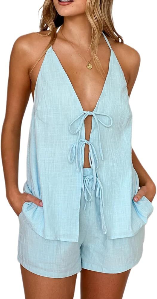 Women Tie Front Sleeveless Sets Halter Neck Tie Up Backless Camisole Elastic Waist Shorts 2 Piece... | Amazon (US)