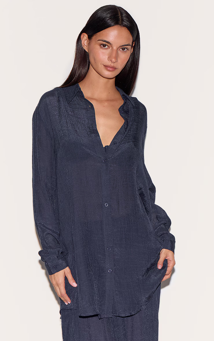 Navy Linen Look Oversized Beach Shirt | Swimwear | PrettyLittleThing US