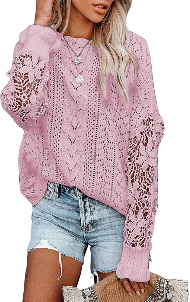 Amazon.com: AlvaQ Women Fall Sweater Winter Crewneck Lace Crochet Long Sleeve Knit Pullover Jumpe... | Amazon (US)