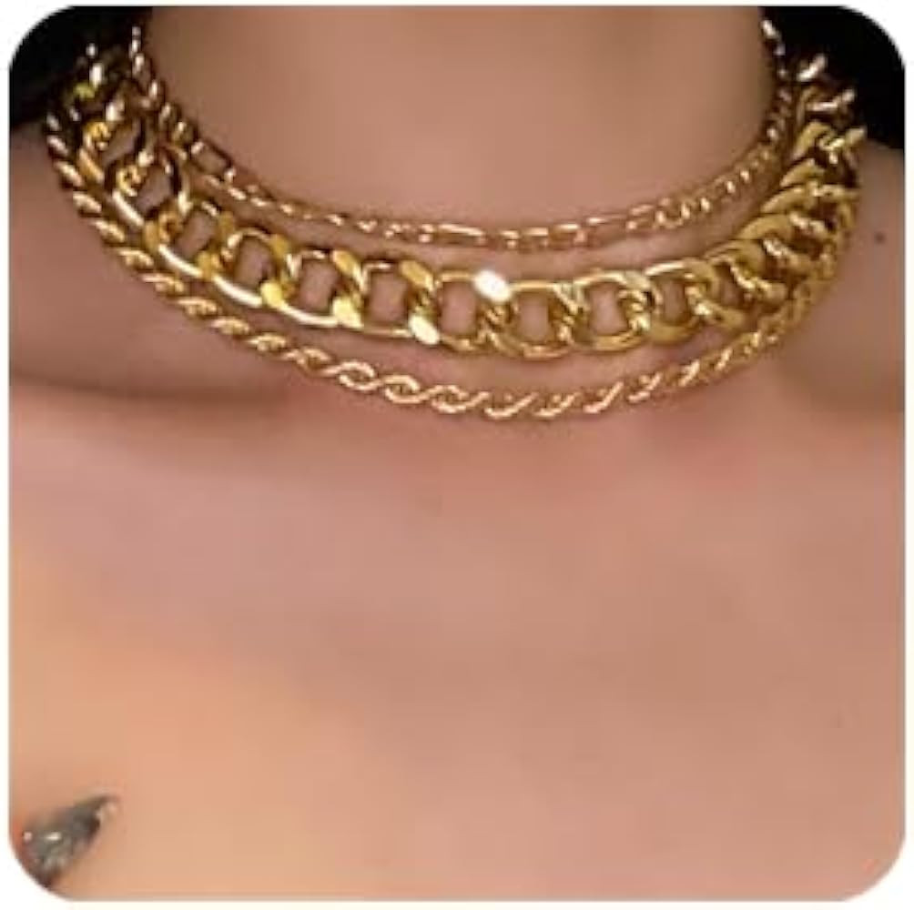 Aimimier 3Pcs Punk Cuban Link Chain Choker Necklace Twist Rope Necklace Chunky Figaro Chain Prom ... | Amazon (US)