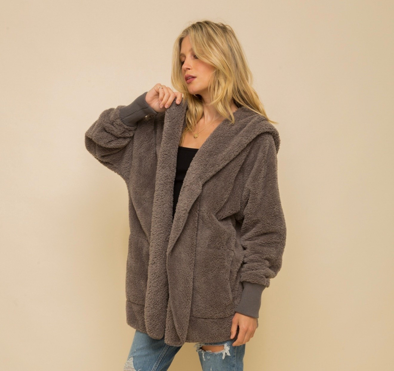 THe best thing my husband has ever purchased for me!!! I wear this every single night! Sherpa hooded cardigan