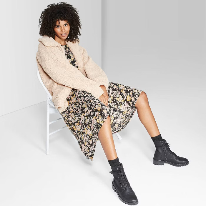 Women's Floral Print Long Sleeve Round Neck Tiered Mesh Midi Dress - Wild Fable™ Black | Target