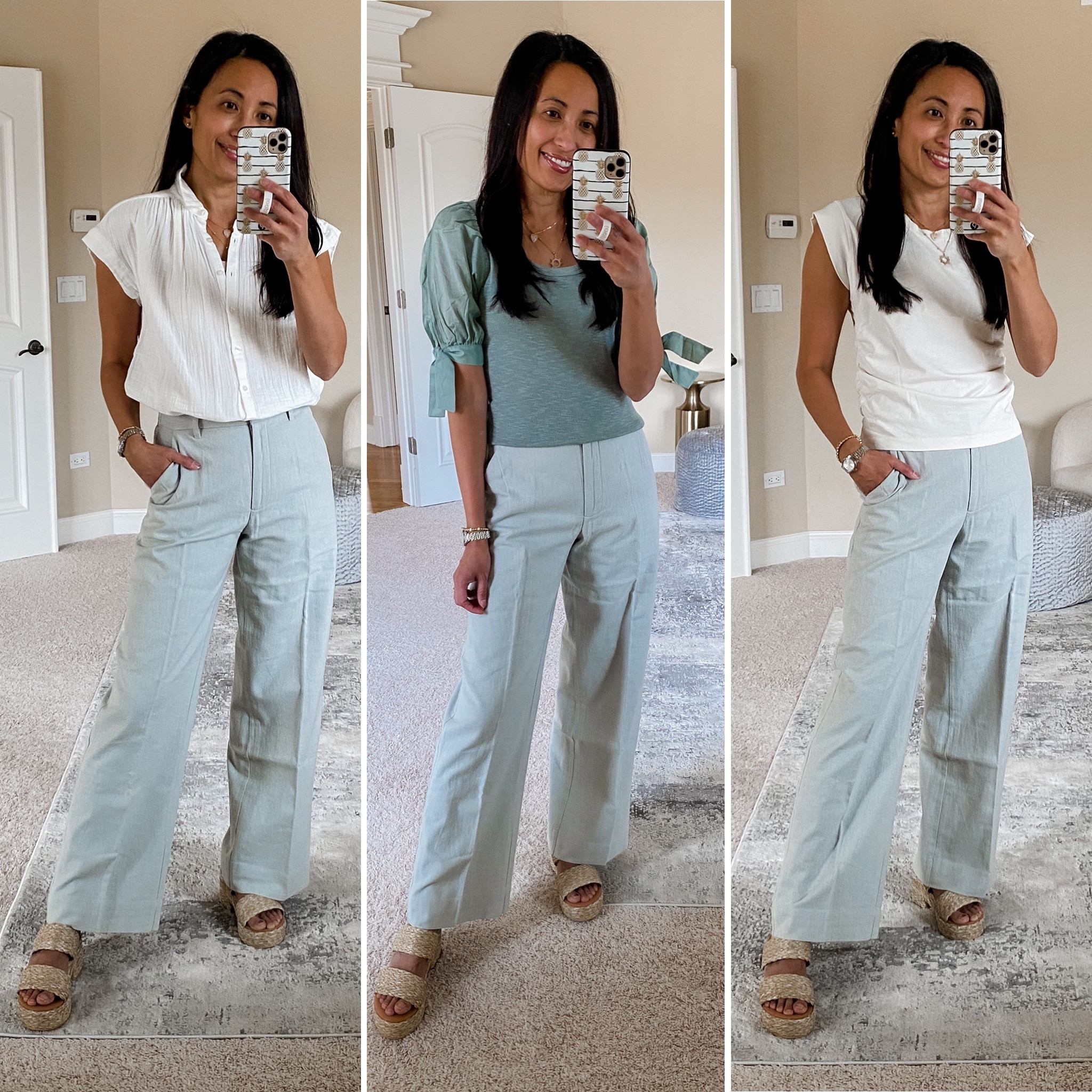 Linen pants on sale for $60. Trousers. Wide leg pants  This grey-blue color is so pretty and works as a spring neutral. True to size. Regular length at 5’4” with low platform sandals  

#LTKsalealert #LTKworkwear #LTKunder100