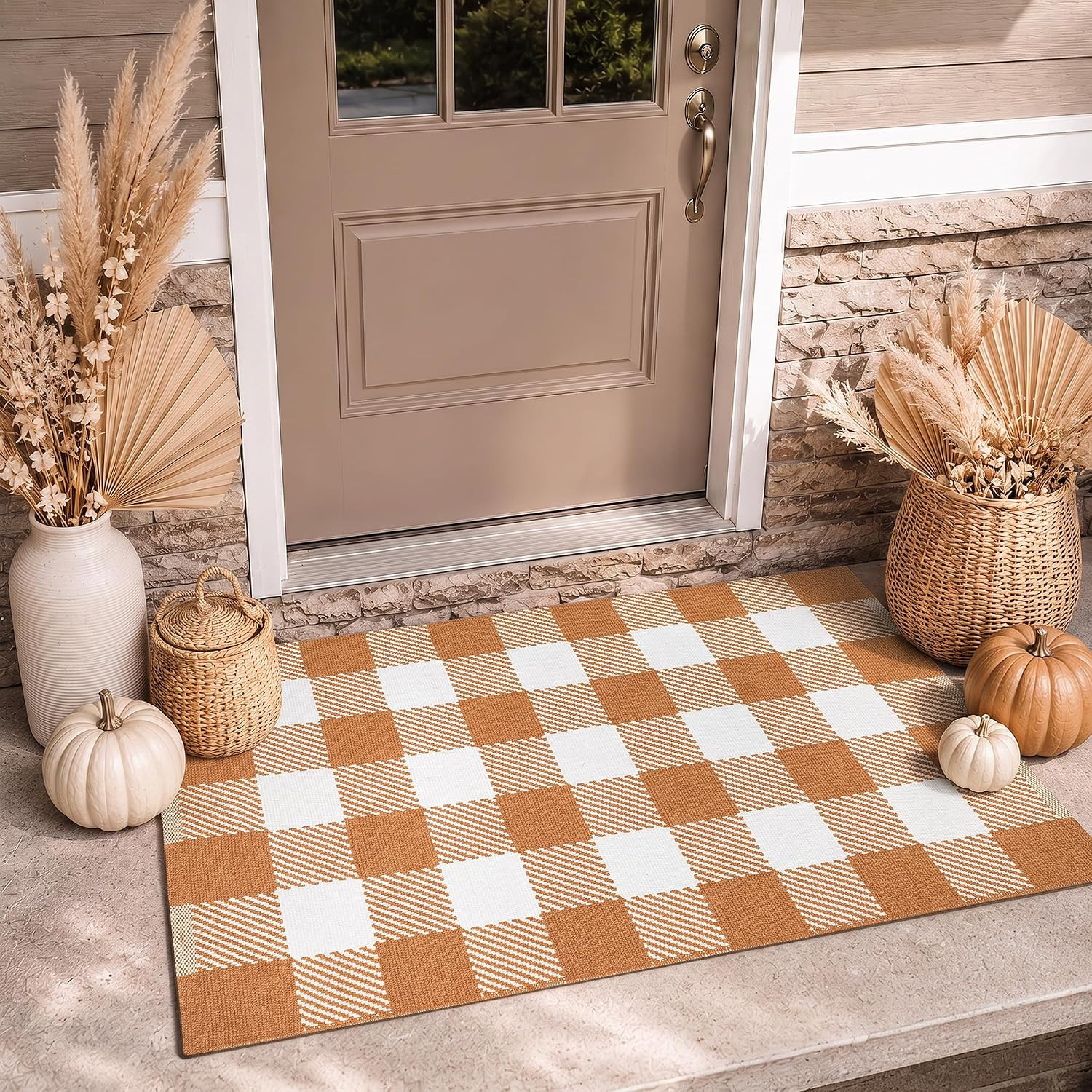Fall Door Mat Caramel and White Buffalo Plaid Rug 2’x 3’, Washable Layering Rug for Front Door, Entryway, Porch, Farmhouse Decor | Amazon (US)