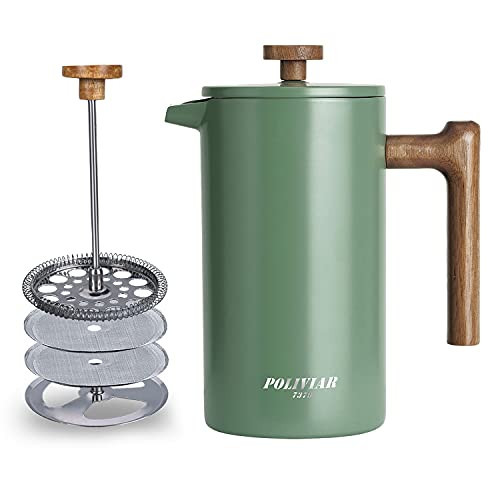 POLIVIAR French Press Coffee Maker, 34 oz Coffee Press with Real Wood Handle, Double Wall Insulation & Dual-Filter Screen, Food Grade Stainless Steel for Good Coffe and Tea (Flatland) | Amazon (US)