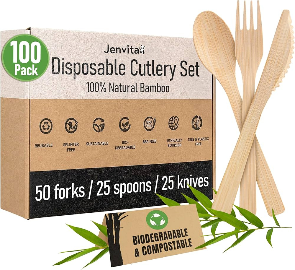 100% Bamboo Utensils Set - 100x Compostable Cutlery Set (50 Compostable Forks, 25 Disposable Spoo... | Amazon (US)