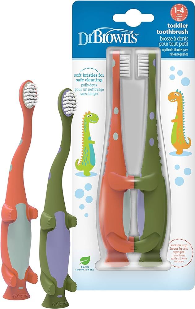 Dr. Brown's Baby and Toddler Toothbrush, Green and Orange Dinosaur 2-Pack, 1-4 Years | Amazon (US)