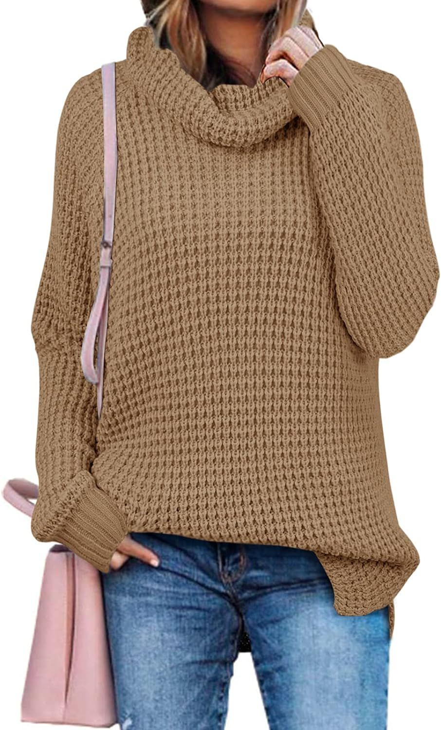 ZESICA Womens Turtleneck Long Sleeve Waffle Knit Casual Loose Pullover Sweater Jumper Tops | Amazon (US)