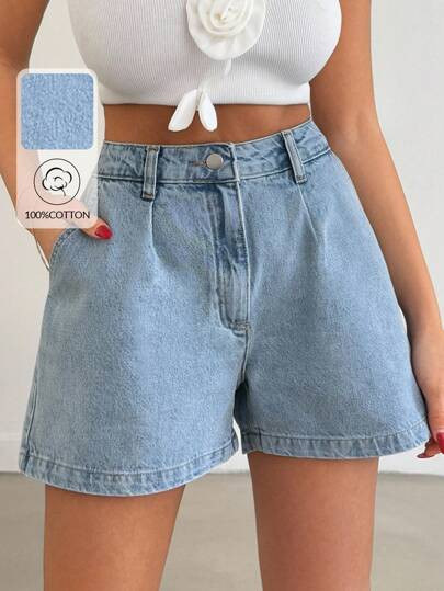 Women's Pocket Design Pleated Loose Casual Denim Shorts Summer Outfits For Women Women Summer Out... | SHEIN