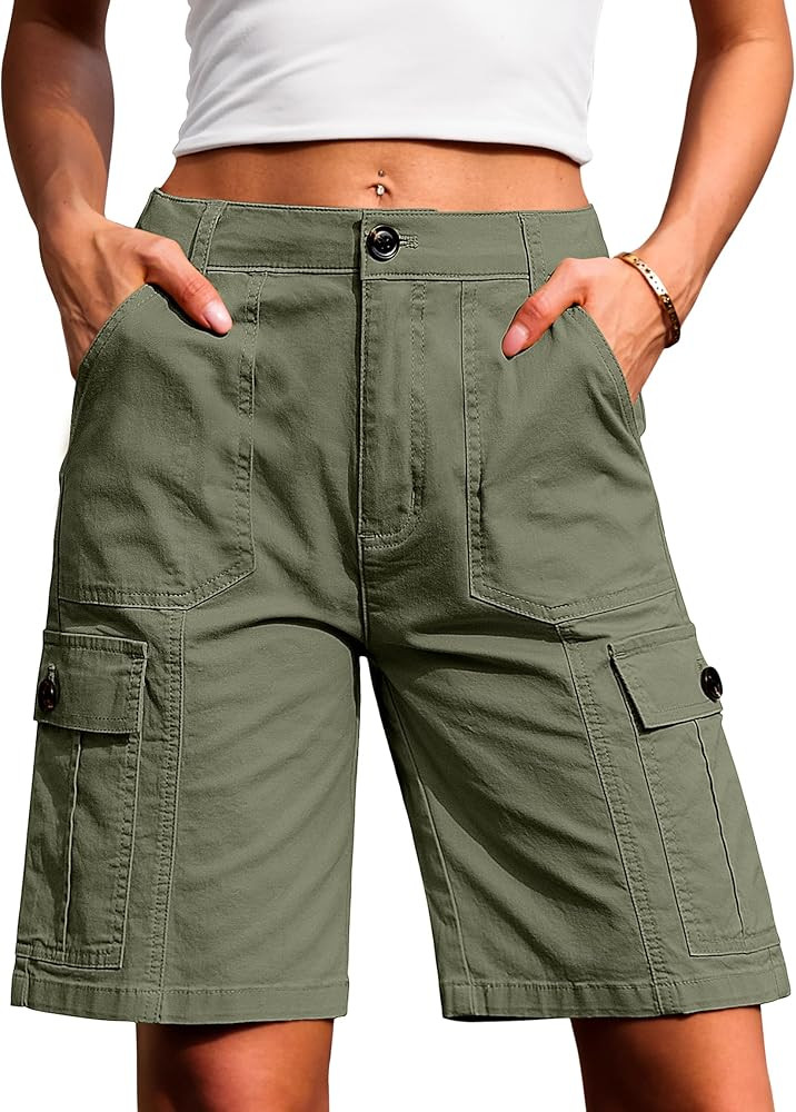 Eddoyee Bermuda Cargo Shorts for Women Casual Long Knee Length High Waisted Stretch Wide Leg Rela... | Amazon (US)