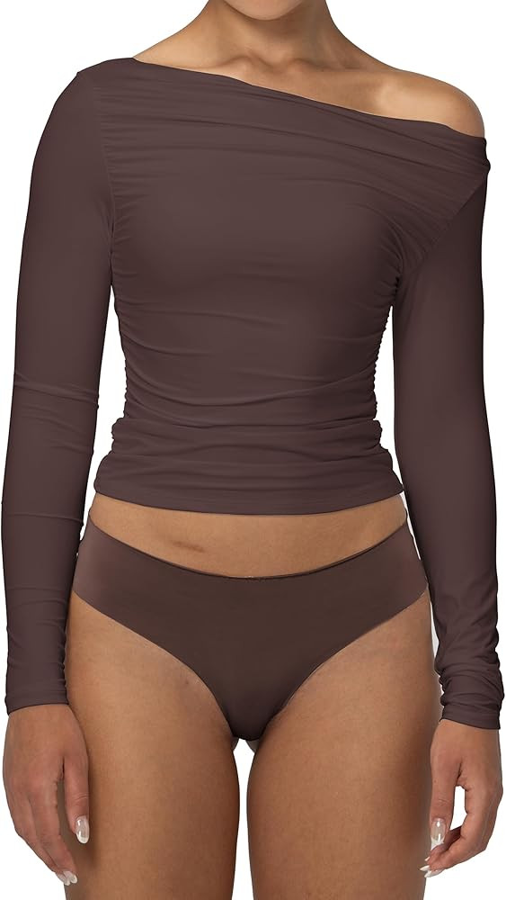 Sunzel Long Sleeve Shirts for Women Slim Fit Womens T-Shirt Double Lined Off Shoulder Top with Bo... | Amazon (US)