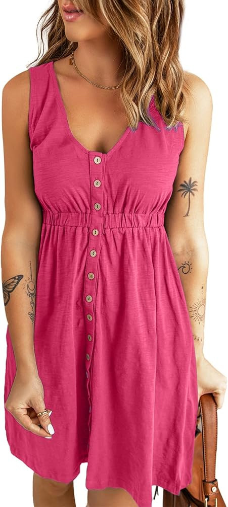 BLENCOT Women's Casual Sleeveless T-Shirt Dresses Summer V Neck Button Down Swing Short Dress | Amazon (CA)
