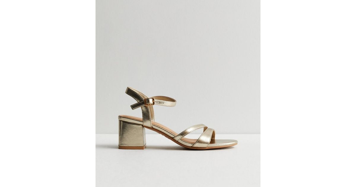 Gold Asymmetric Low Block Heel Sandals | New Look | New Look (UK)