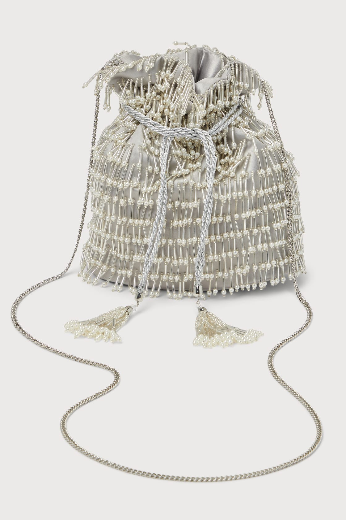 Celebrate the Vibe Silver Beaded Pearl Fringe Bucket Bag | Lulus (US)