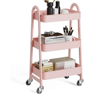 3 Tier Utility Rolling Cart, Metal Mobile Storage Shelf with Lockable Caster Wheels, Organization for Livingroom, Bathroom Narrow Places, Pink | Target