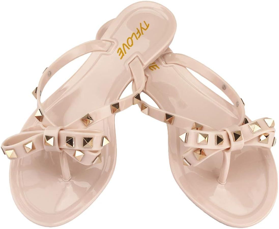 Women Rivet Flip Flops Studded Jelly Thong Sandals with Bow Summer Bowtie Flat Beach Rain Shoes | Amazon (US)