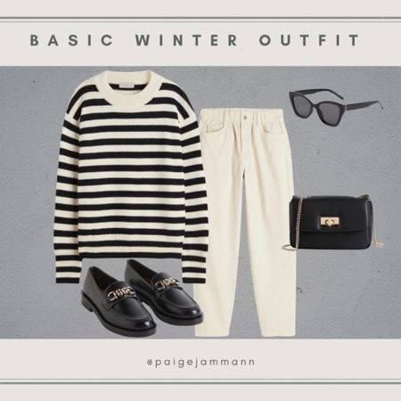 Monochromatic outfit, winter outfit, ecru pant, black loafer outfit, winter date night, back and white stripped sweater, simple winter outfit, winter basics

#LTKmidsize #LTKstyletip #LTKSeasonal
