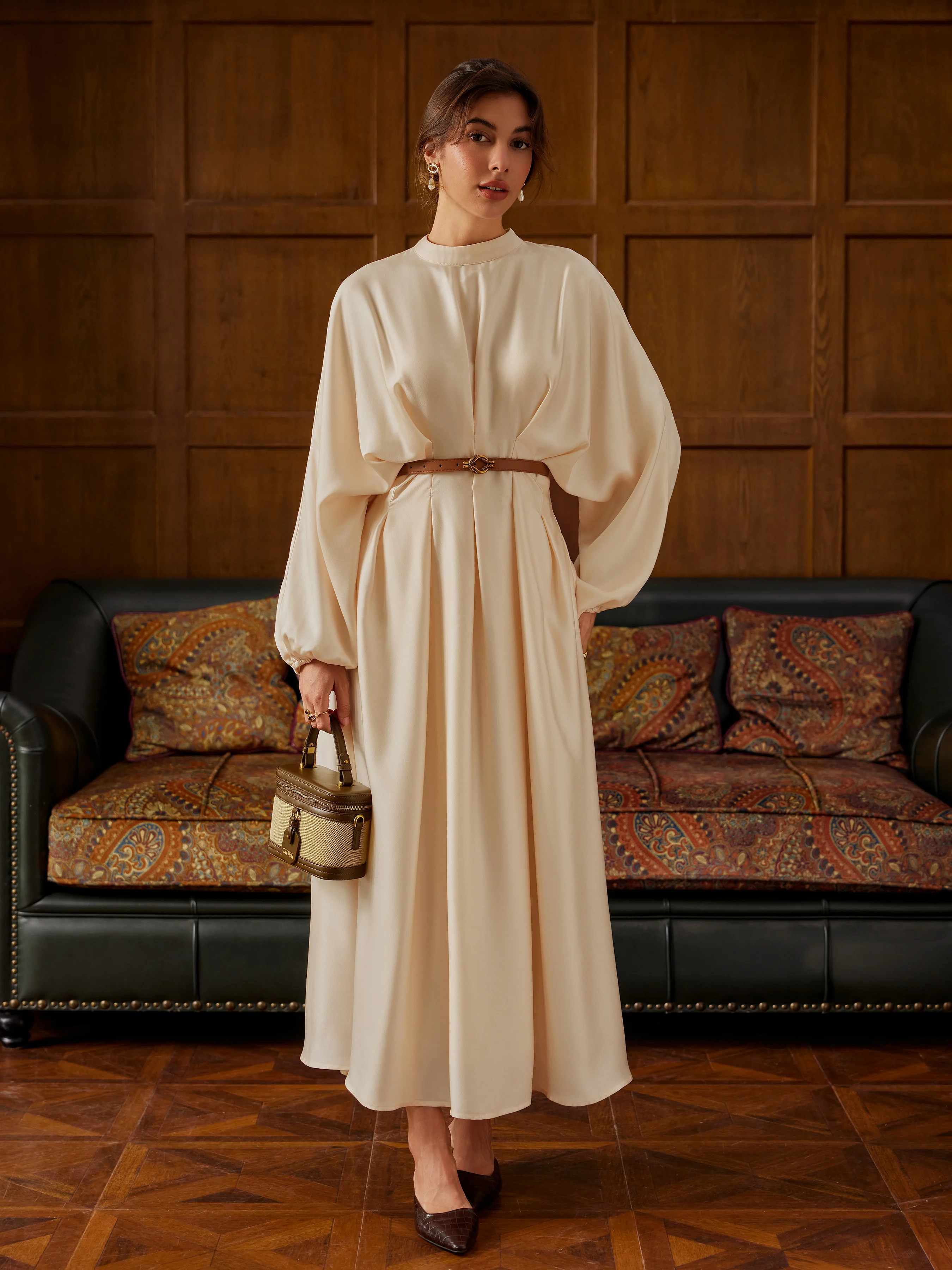 Woven Stand Collar Pleated Cinched Waist Long Sleeve Maxi Dress For Daily Casual | Cider