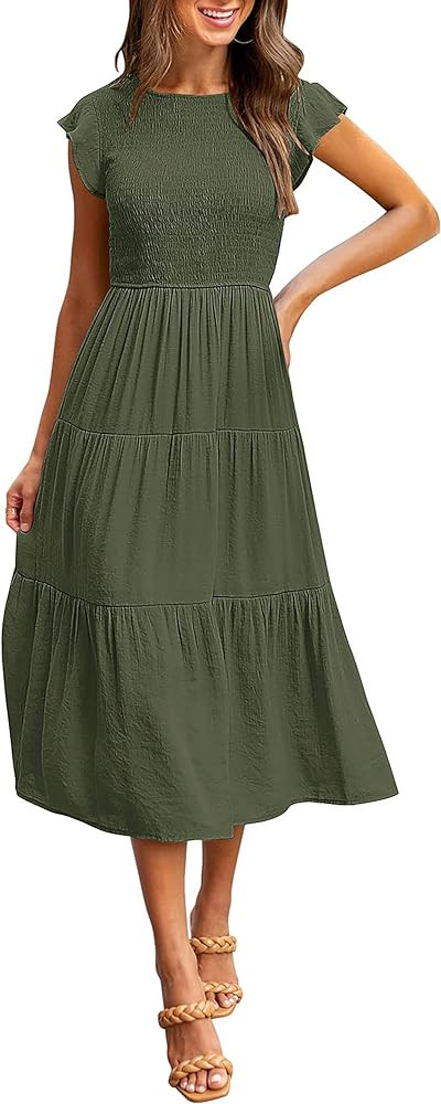 MEROKEETY Women's Flutter Short Sleeve Smocked Midi Dress Summer Casual Tiered A-Line Dress | Amazon (US)