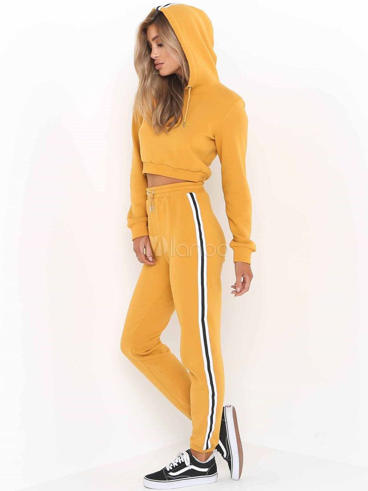Women Tracksuit Two Piece Set Hooded Drawstring Crop Top With Cotton Pants | Milanoo