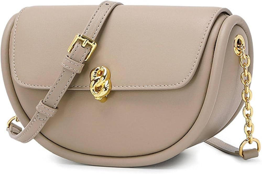 Genuine Leather Ladies Saddle Shoulder Bag Texture Chain Cross-Body Bag Semi-Round Cowhide Undera... | Amazon (US)