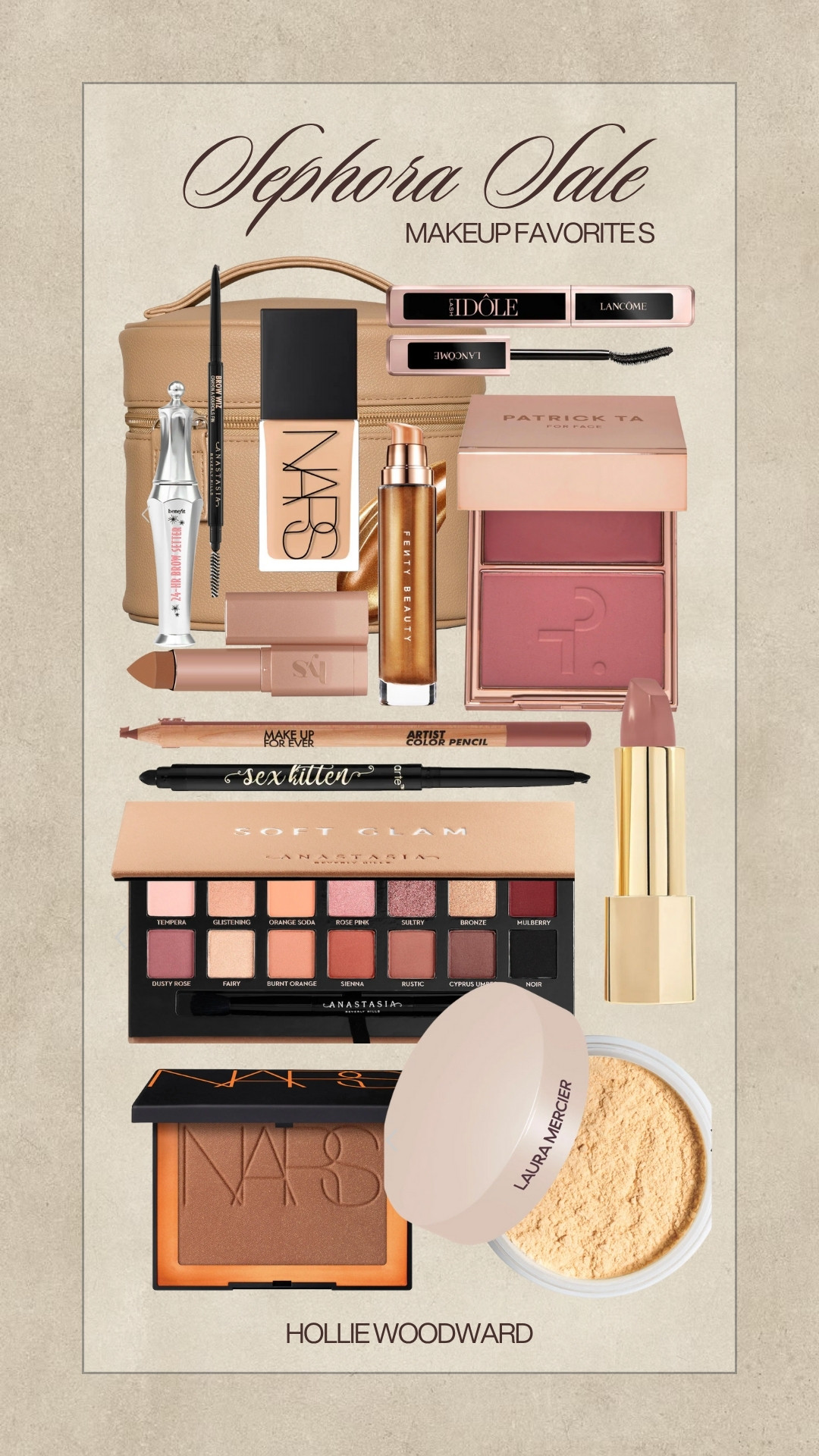 Shop my Sephora Sale favorites! Listing my shades below 🫶🏼

Anastasia brow pencil: medium brown
Nars foundation: stromboli
Fenty body glow: bronze + copper
LYS bronzer stick: harmony 
Patrick Ta blush: she’s flushed + she’s giving
Lancome mascara: black
Makeup forever lip liner: wherever walnut + anywhere caffeine 
Tarte eyeliner: black
Eye palette: soft glam
Nars bronzer: laguna 04
Laura Mercier Powder: honey
Hourglass Lipstick:  alpine 304

#LTKHoliday#LTKSaleAlert#LTKBeauty 

 
