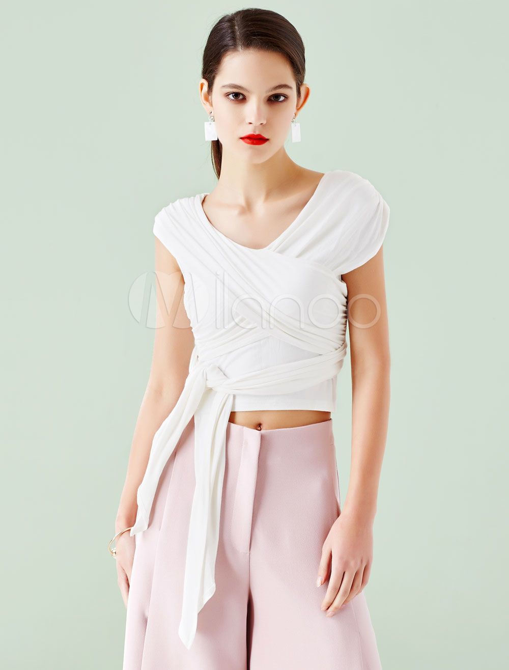 White Wrap T-shirt V-neck Sleeveless Modal Cape Women's Crop Top | Milanoo