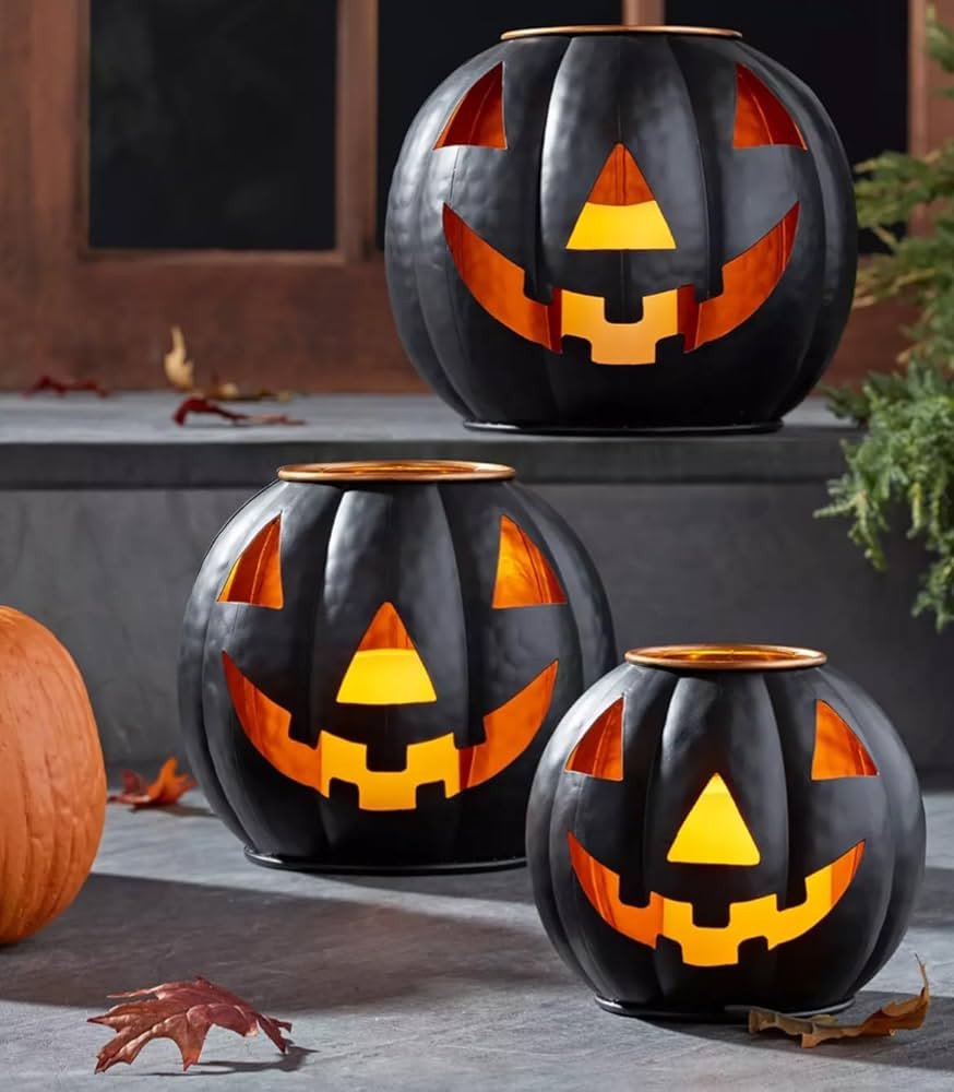 Pre-Lit Black Metal Jack-O-Lantern, Set of 3 Halloween Decorations | Amazon (US)